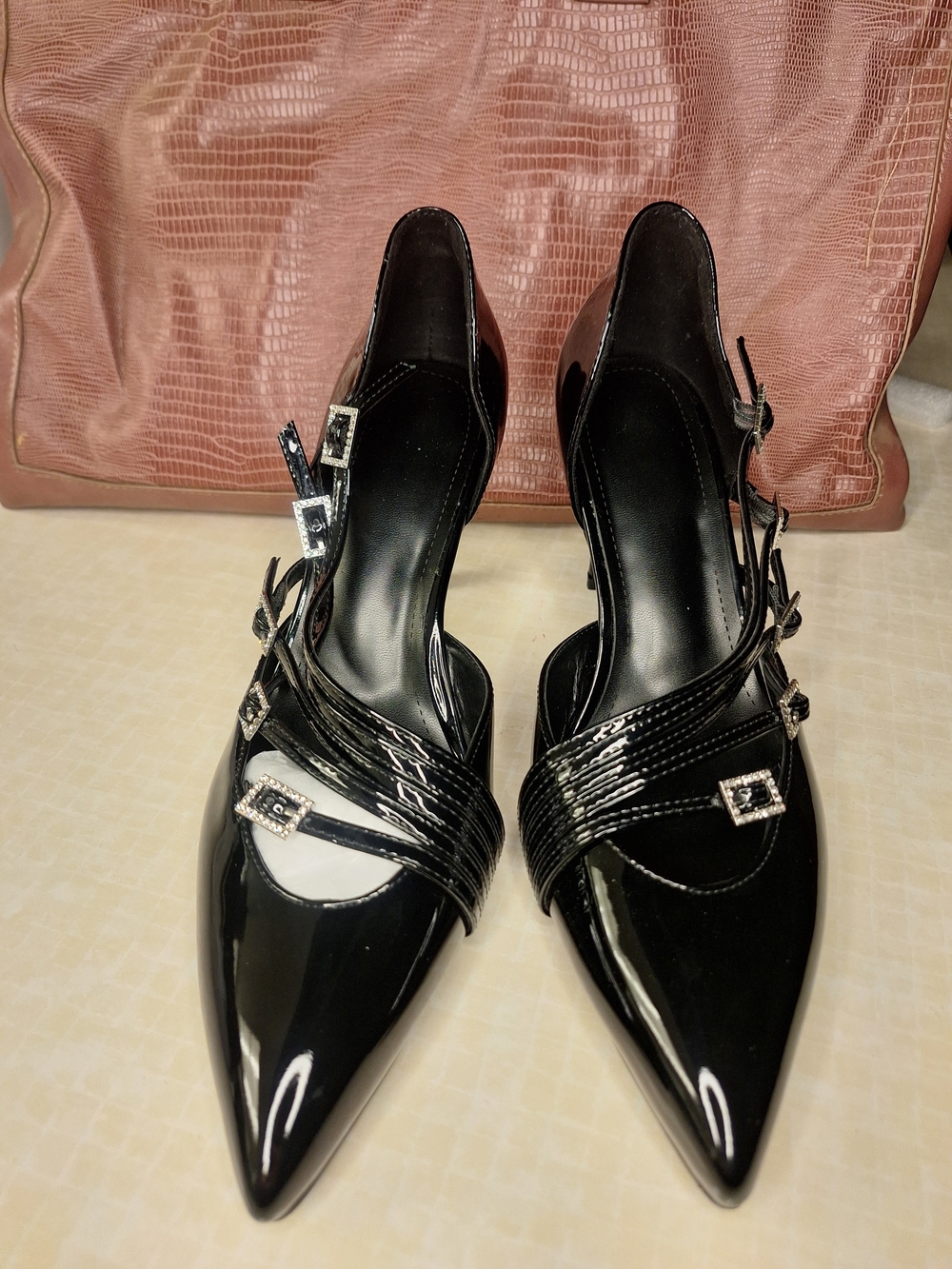 Black Patent Pointed-Toe Slingback Heels with Crystal Buckles